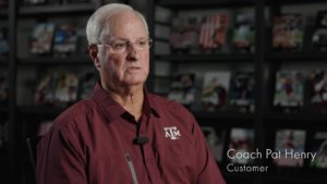 Coach Pat Henry of Texas A&M giving a review of his experience with Schulte Roofing.