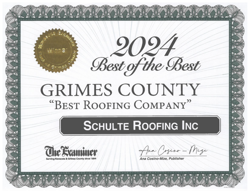 Best Roofing Company Certificate from The Navasota Examiner for the 2024 Best of Grimes County.