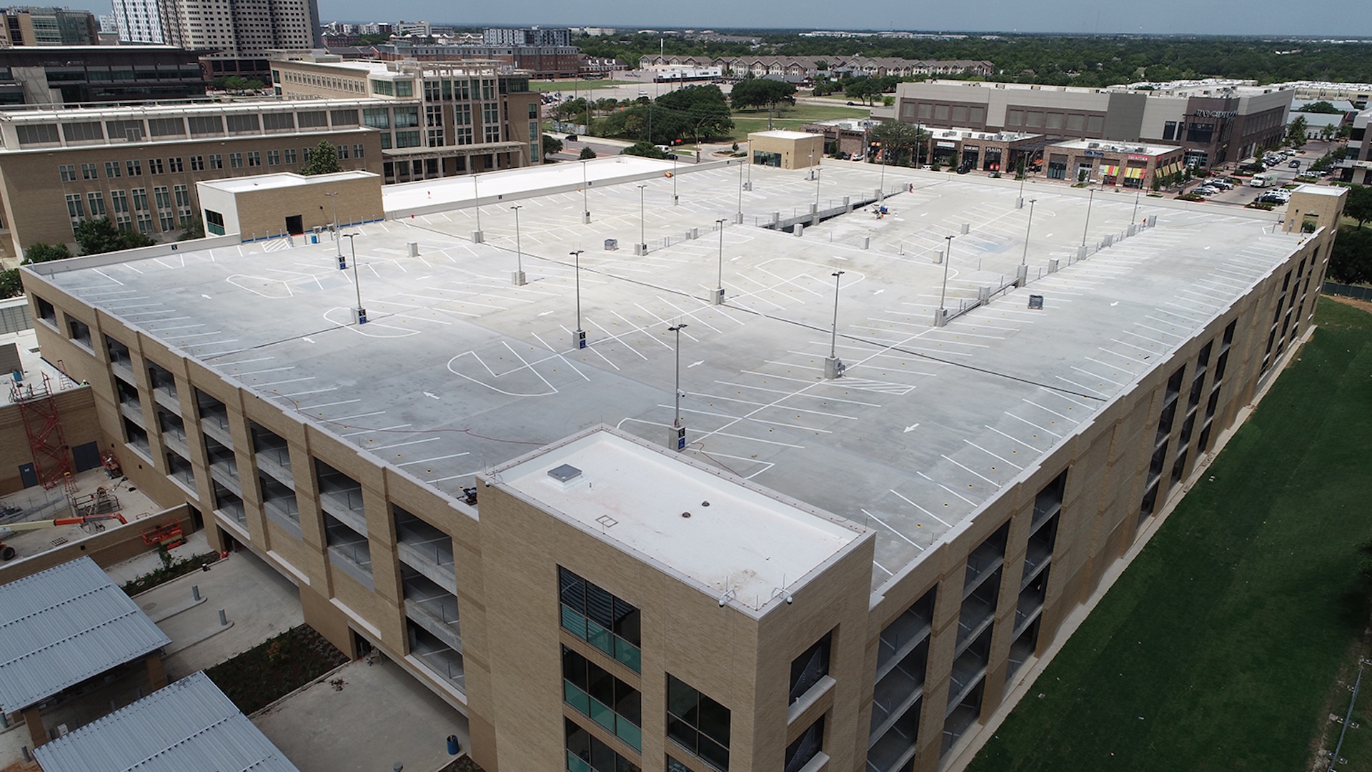 Polo Road Garage with commercial roofing completed by Schulte Roofing