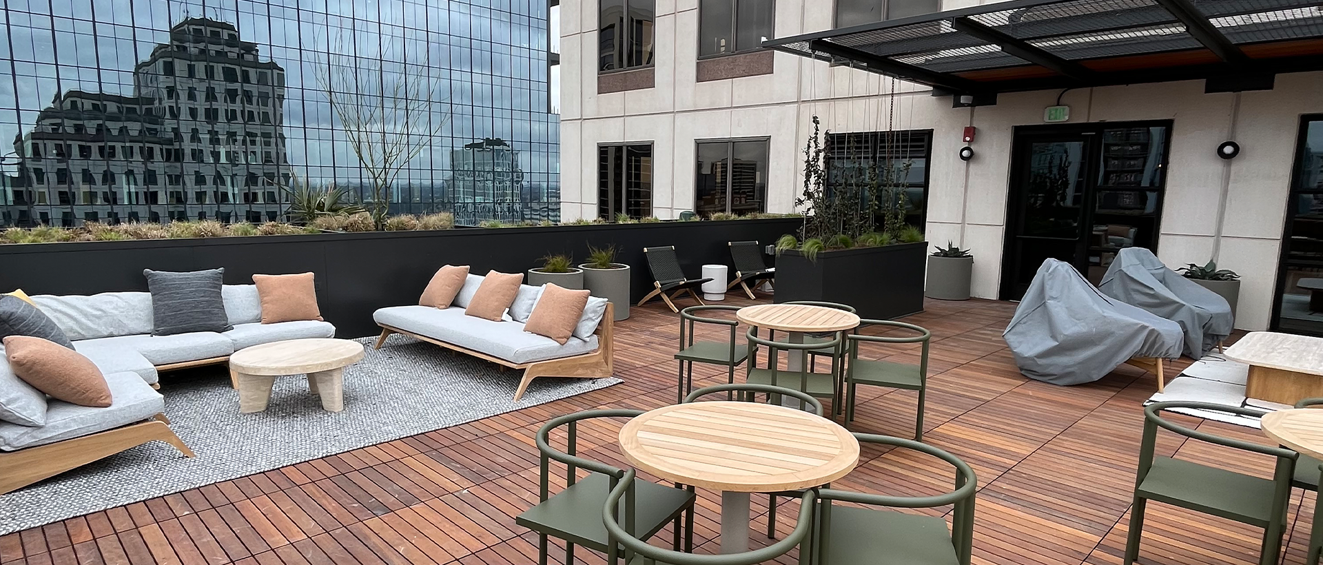 Custom water management system with tapered insulation and flashings integrated into the 600 Congress rooftop by Schulte Roofing.